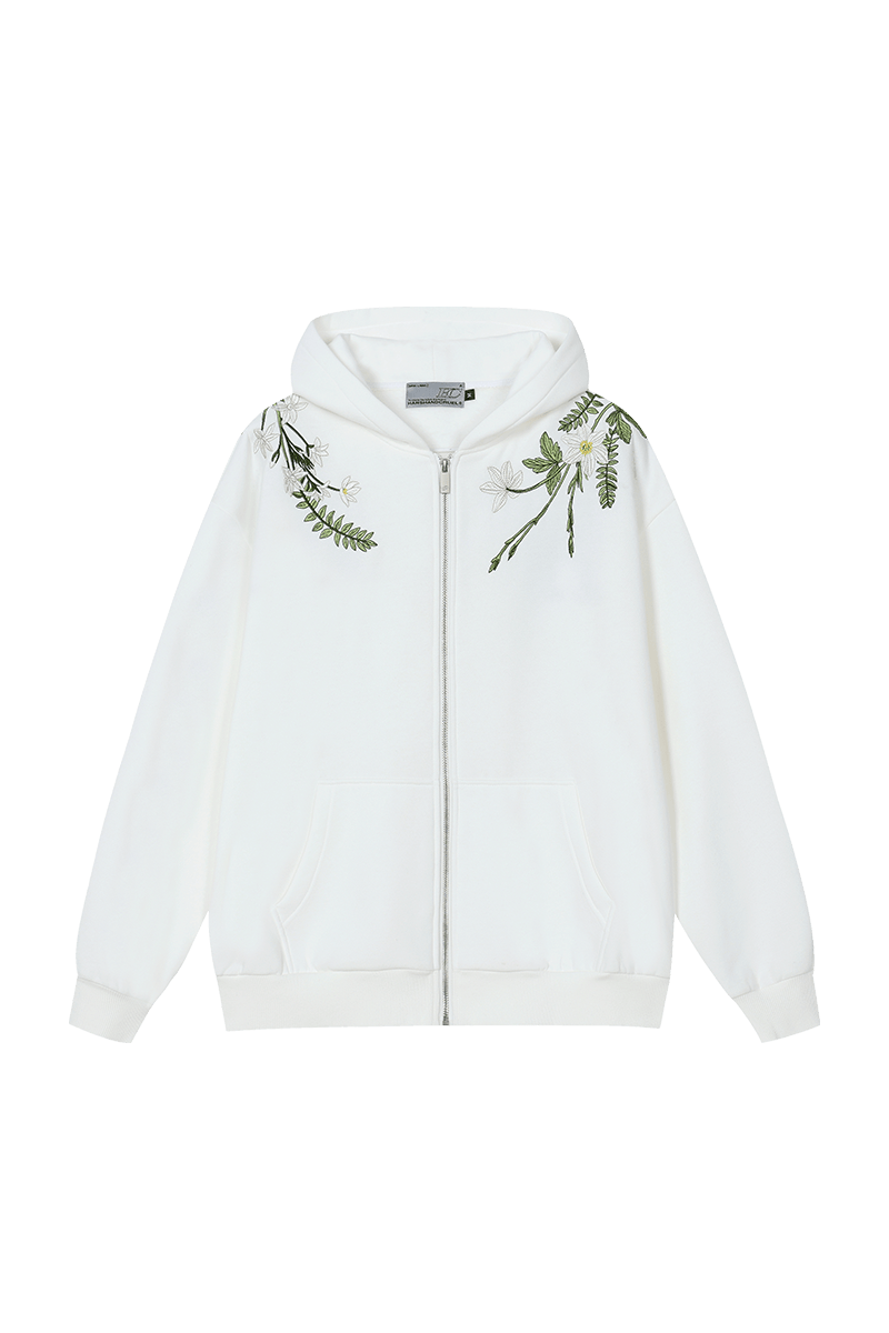 Floral Embroidered Hooded Fleece Jacket