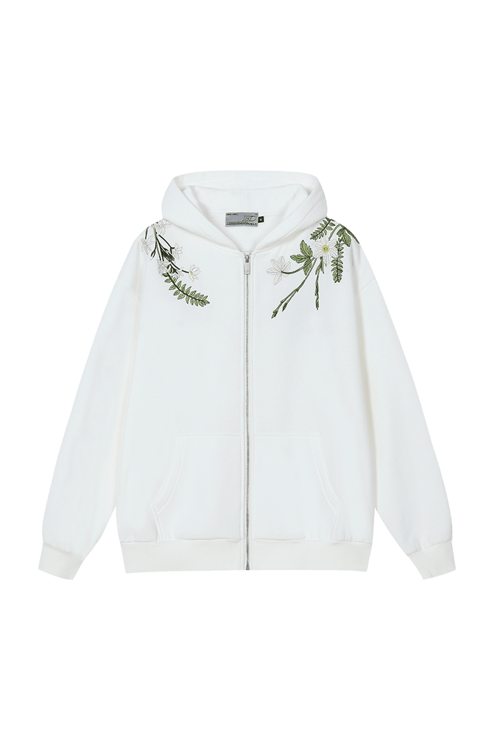 Floral Embroidered Hooded Fleece Jacket