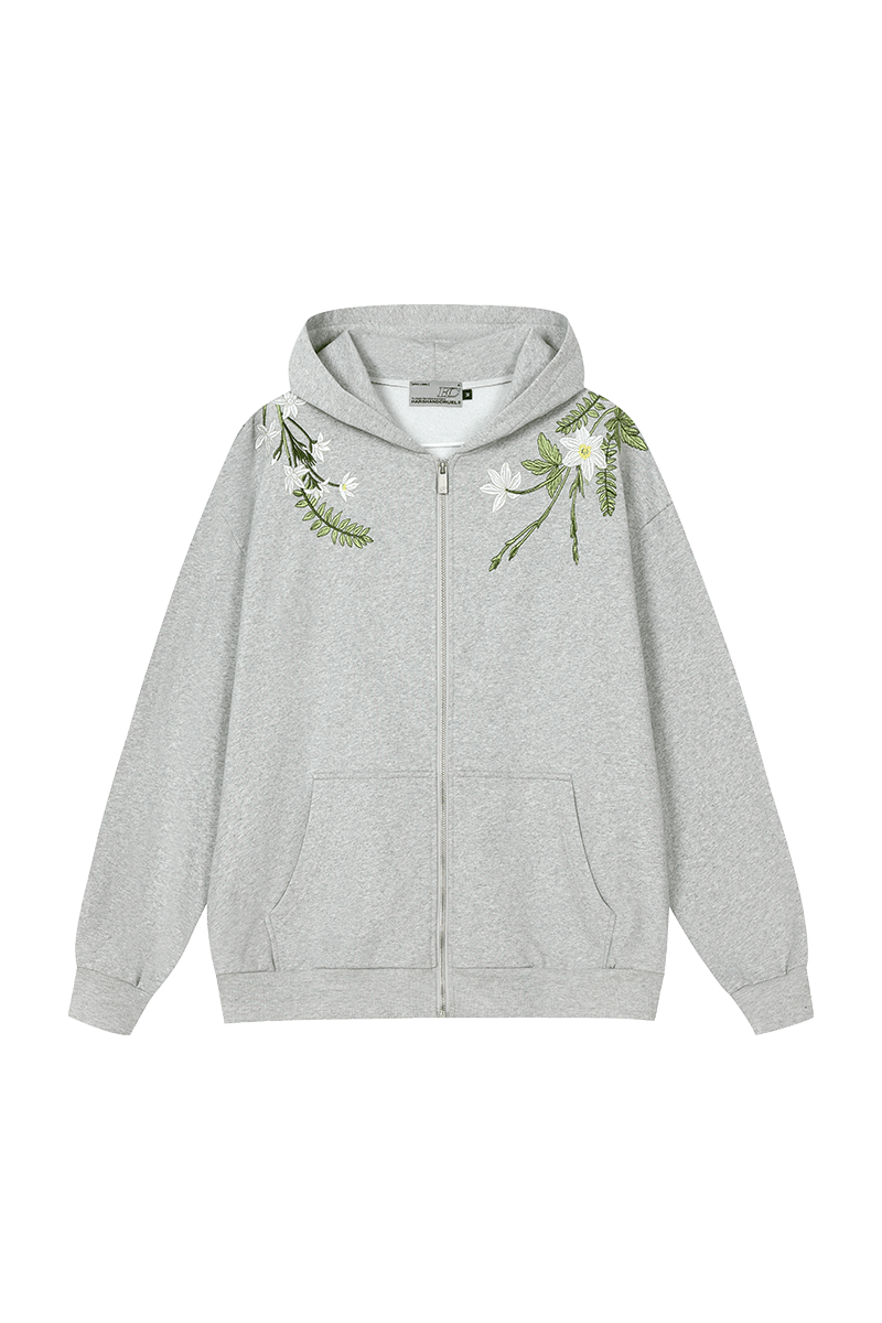 Floral Embroidered Hooded Fleece Jacket