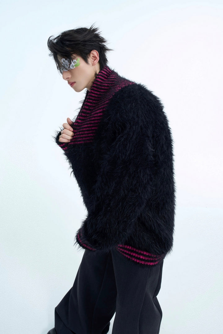 V-Neck Colorblock Fuzzy Knit Sweater