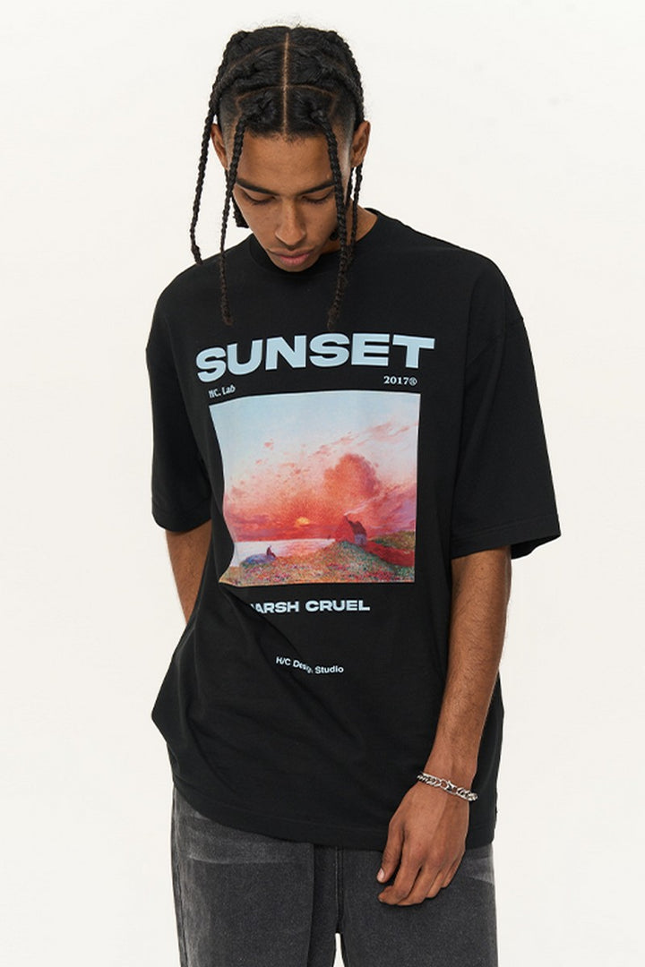 Sunset Oil Painting Round Neck Tee