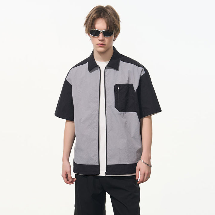 Contrast Stitching Deconstructed Zipper Shirt