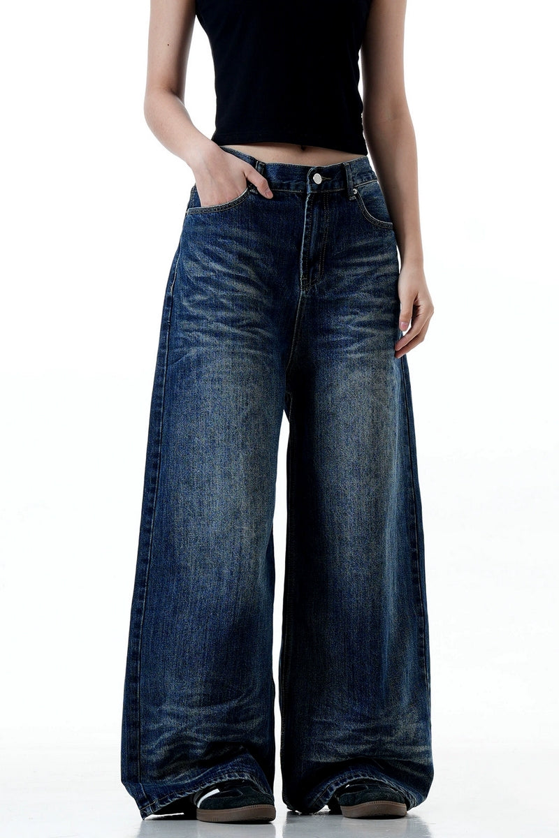 Whiskered Washed Wide-Leg Jeans