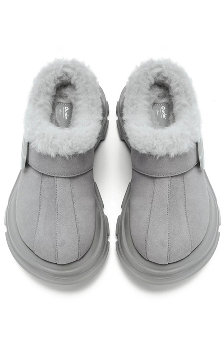 Gray Leather Wool Slip-On Mules