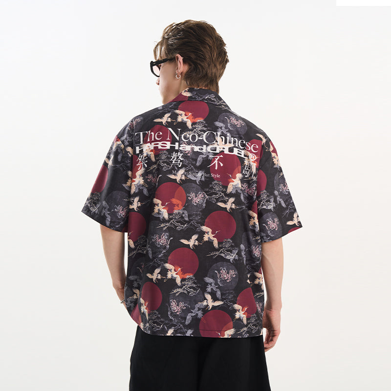 Crane Print Knots Cuban Shirt