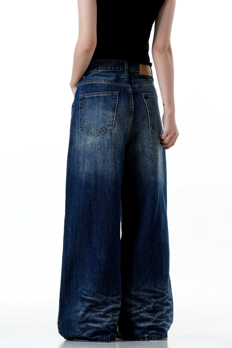 Whiskered Washed Wide-Leg Jeans