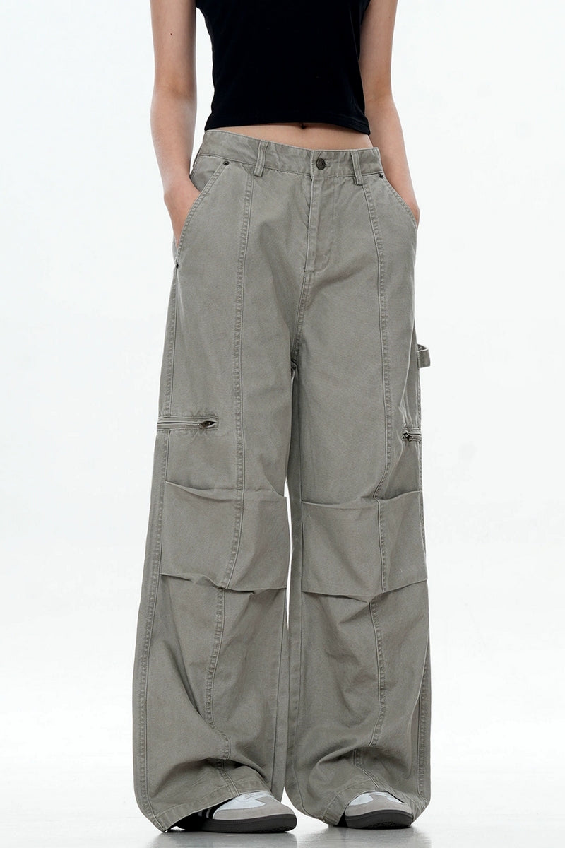 Washed Patchwork Straight Cargo Pants