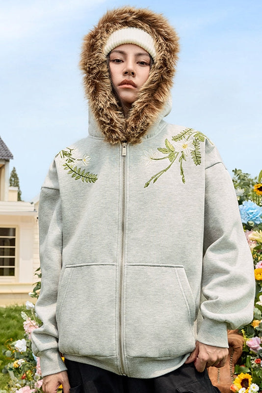 Floral Embroidery Fur Hooded Fleece Sweater