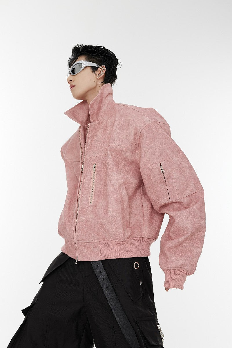 Shoulder Pads Washed PU Leather Jacket