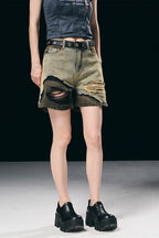 Layered Washed Jeans Shorts