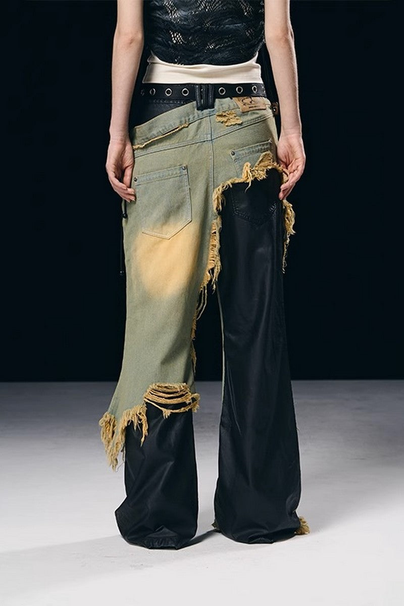 Layered Distressed Leather Jeans