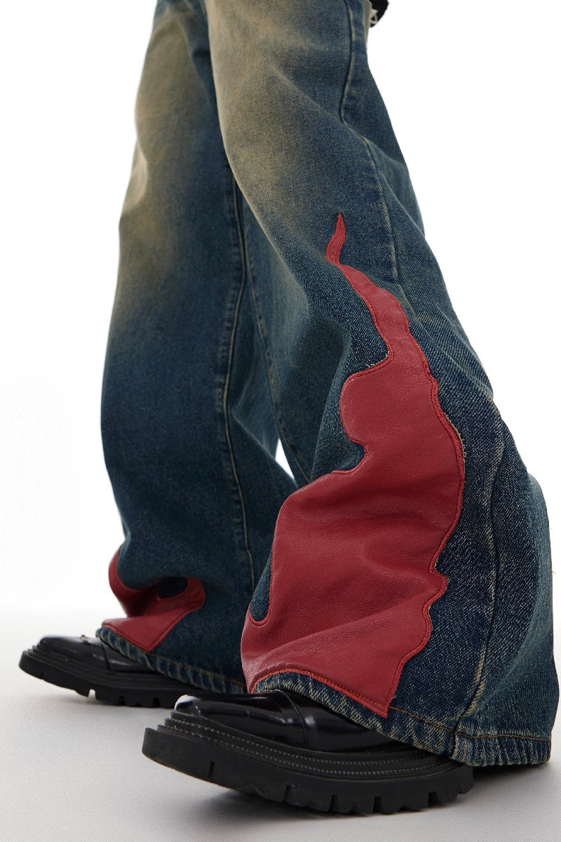 PU Leather Flame Loose Jeans