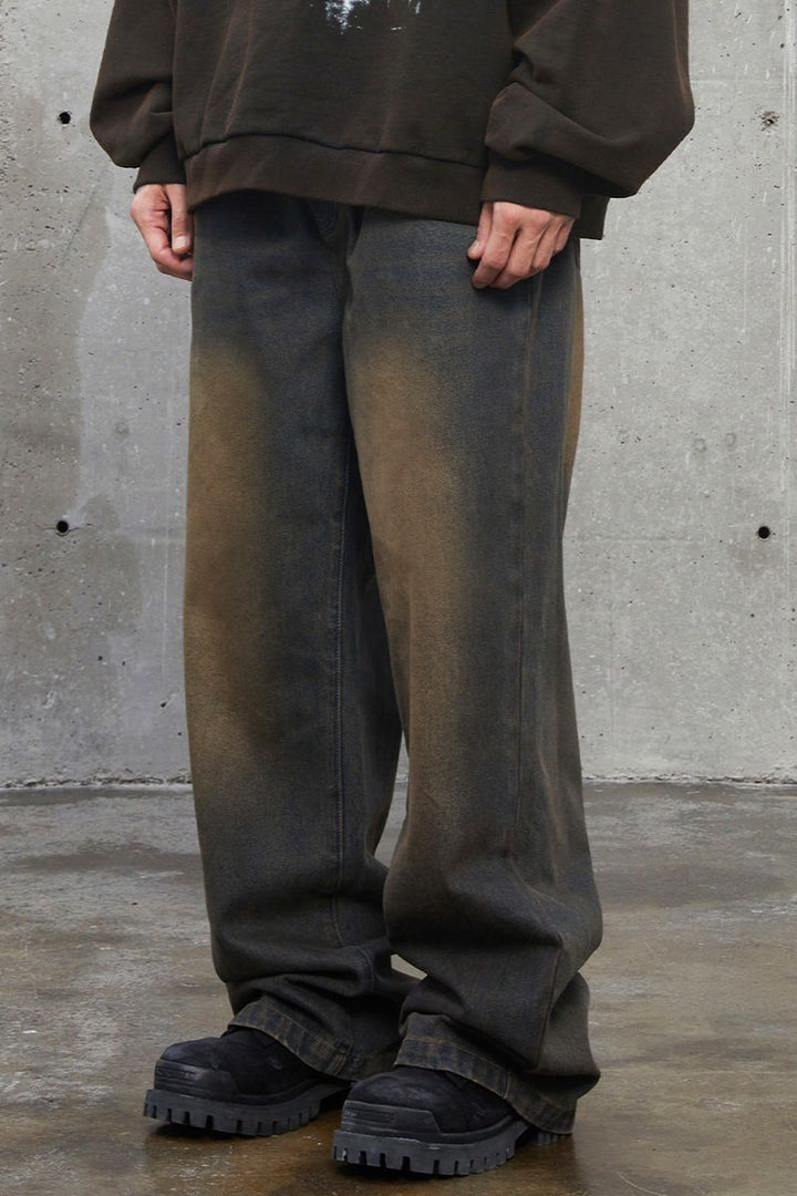 Mud Washed Straight Loose Jeans