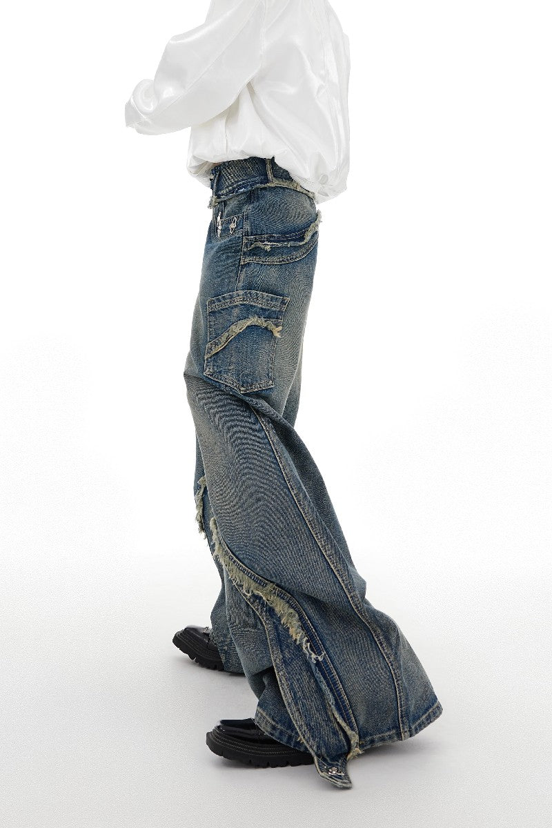 Washed Distressed Flared Jeans