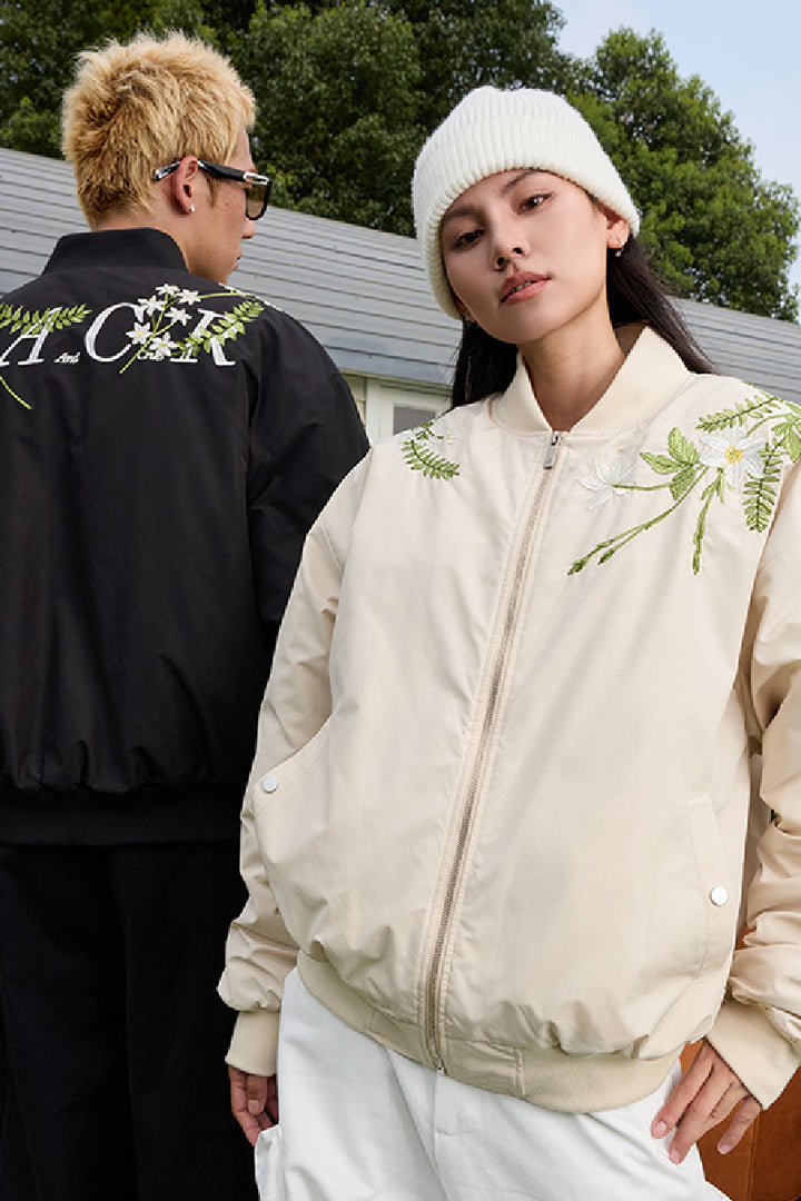 Floral Text Embroidered Bomber Jacket