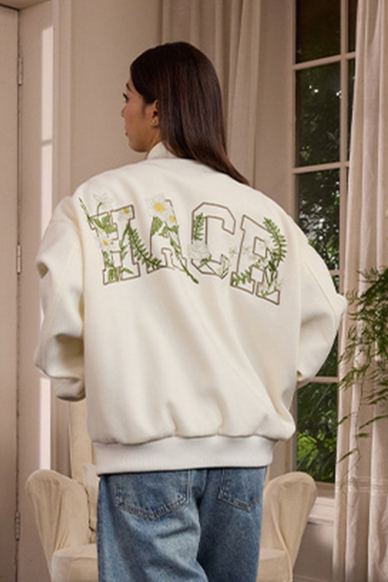 Floral Script Embroidery Varsity Jacket