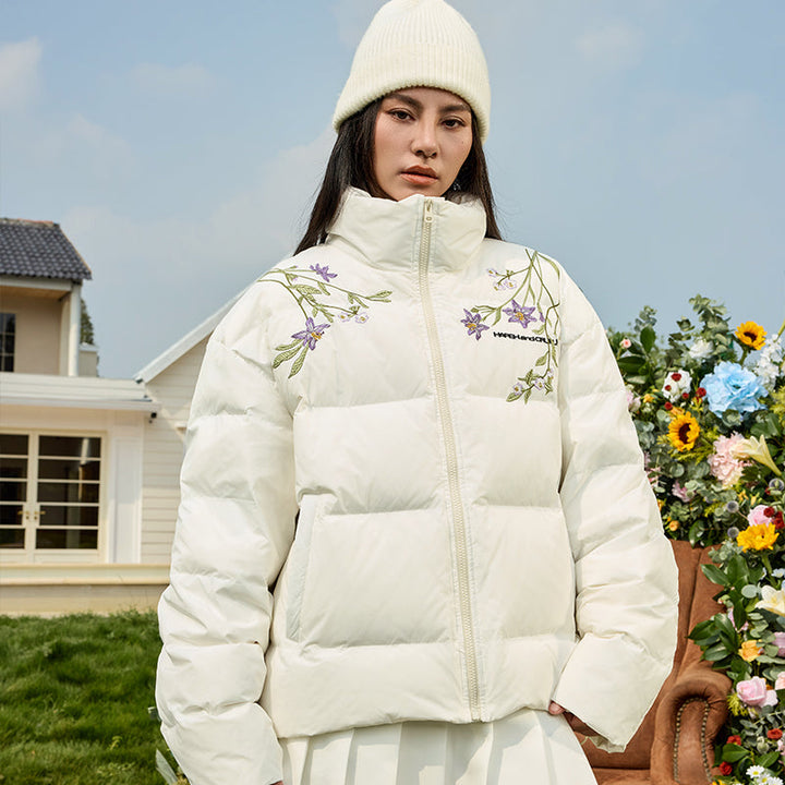 Floral Embroidery Zip HACR Down Jacket