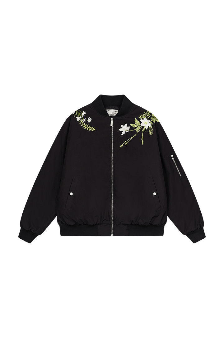 Floral Text Embroidered Bomber Jacket