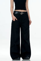 Black Draped Straight-Leg Trousers