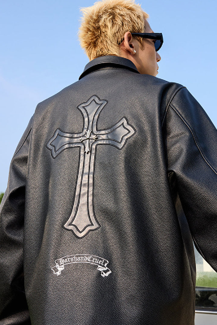 Metal Cross Logo Textured Leather Jacket