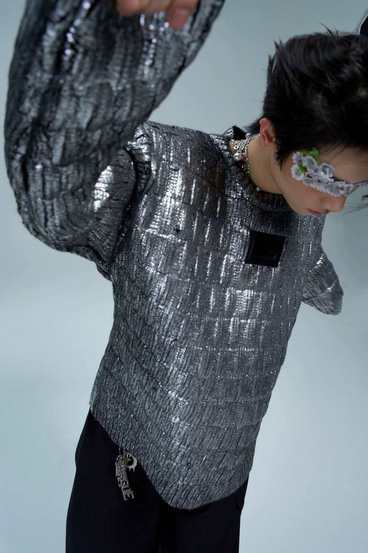 Metallic Coated Textured Knit Sweater