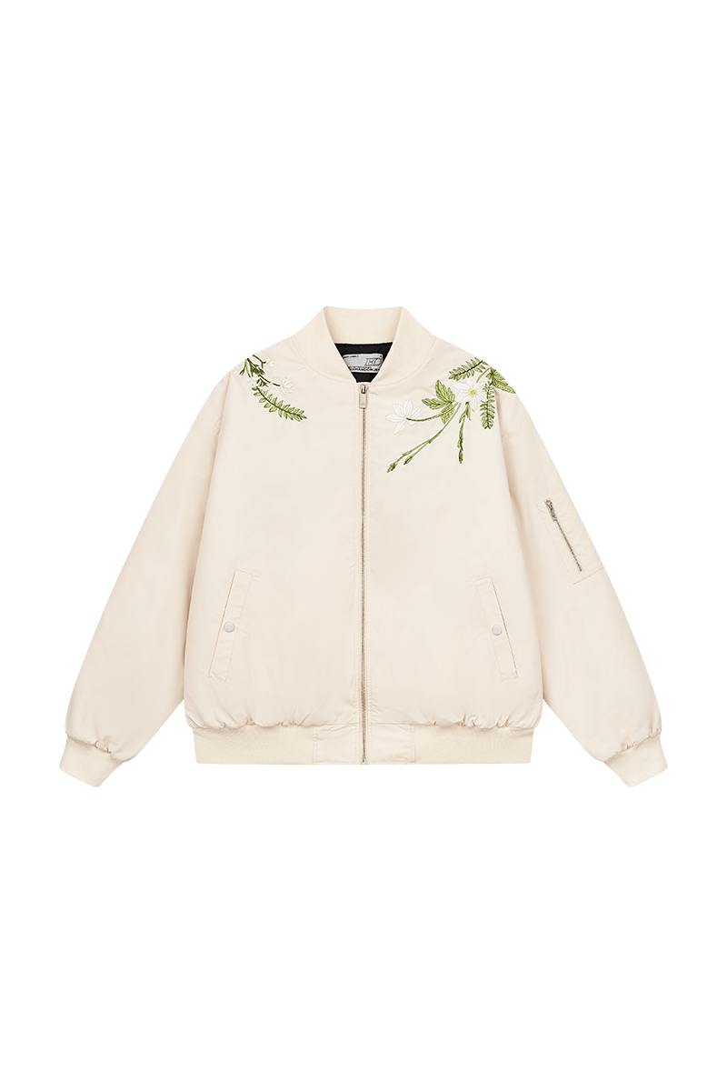 Floral Text Embroidered Bomber Jacket