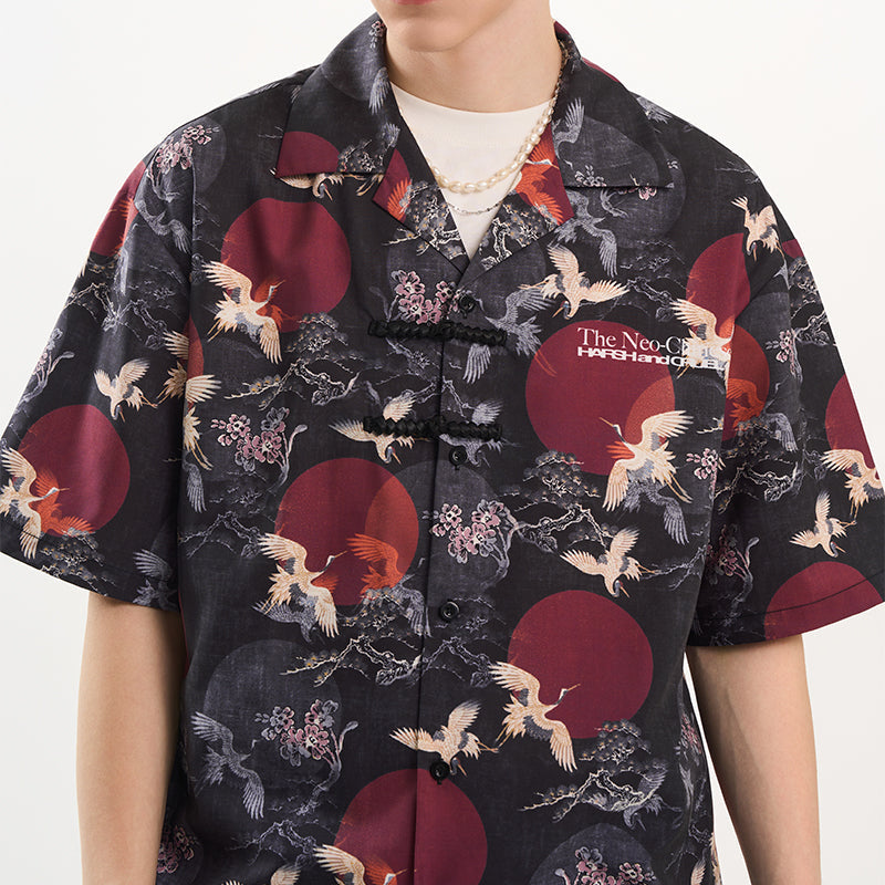 Crane Print Knots Cuban Shirt