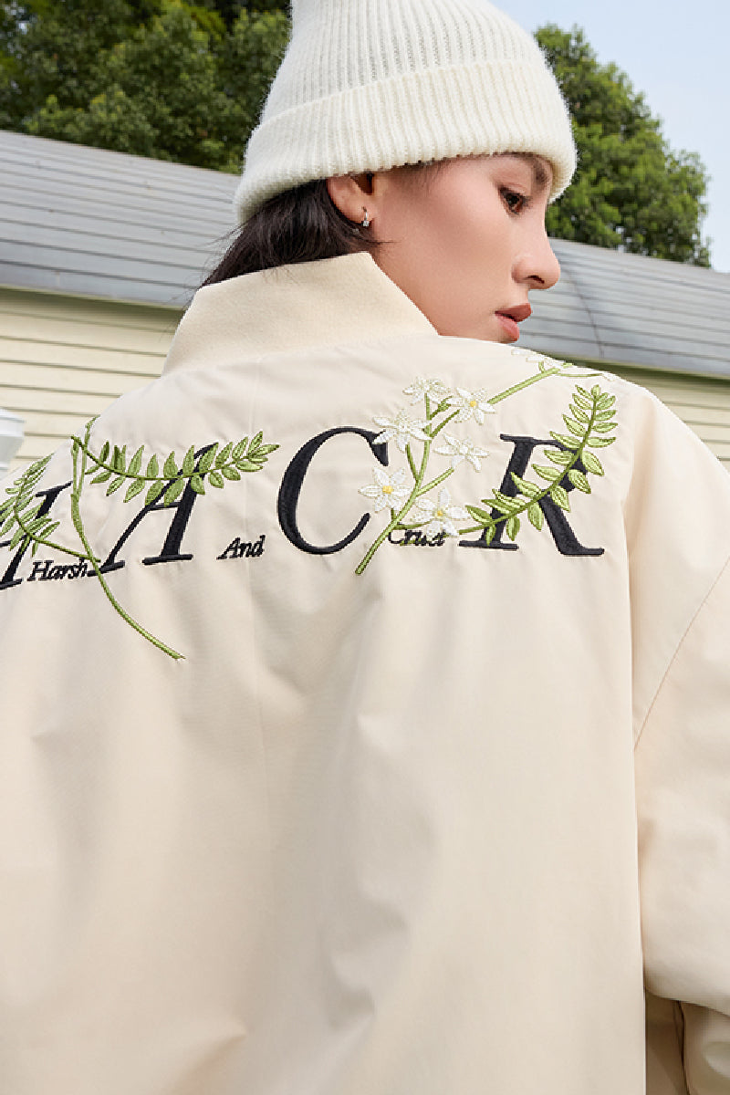 Floral Text Embroidered Bomber Jacket