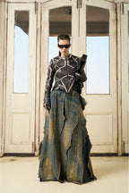 Irregular Interlaced Washed Jeans Skirt