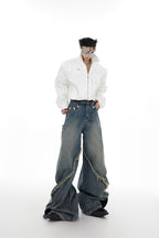 Washed Distressed Flared Jeans