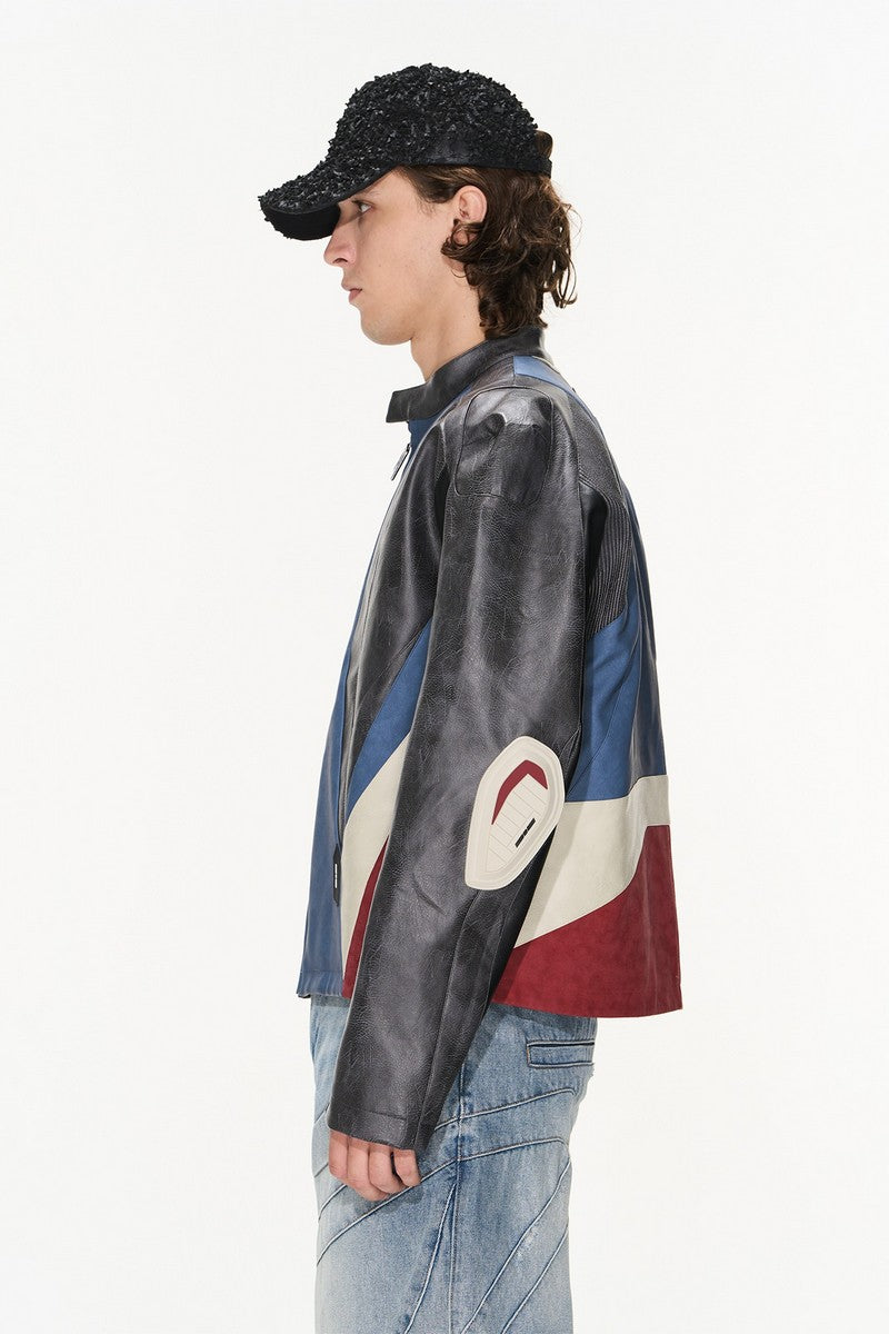 Cropped Color Block Moto Jacket