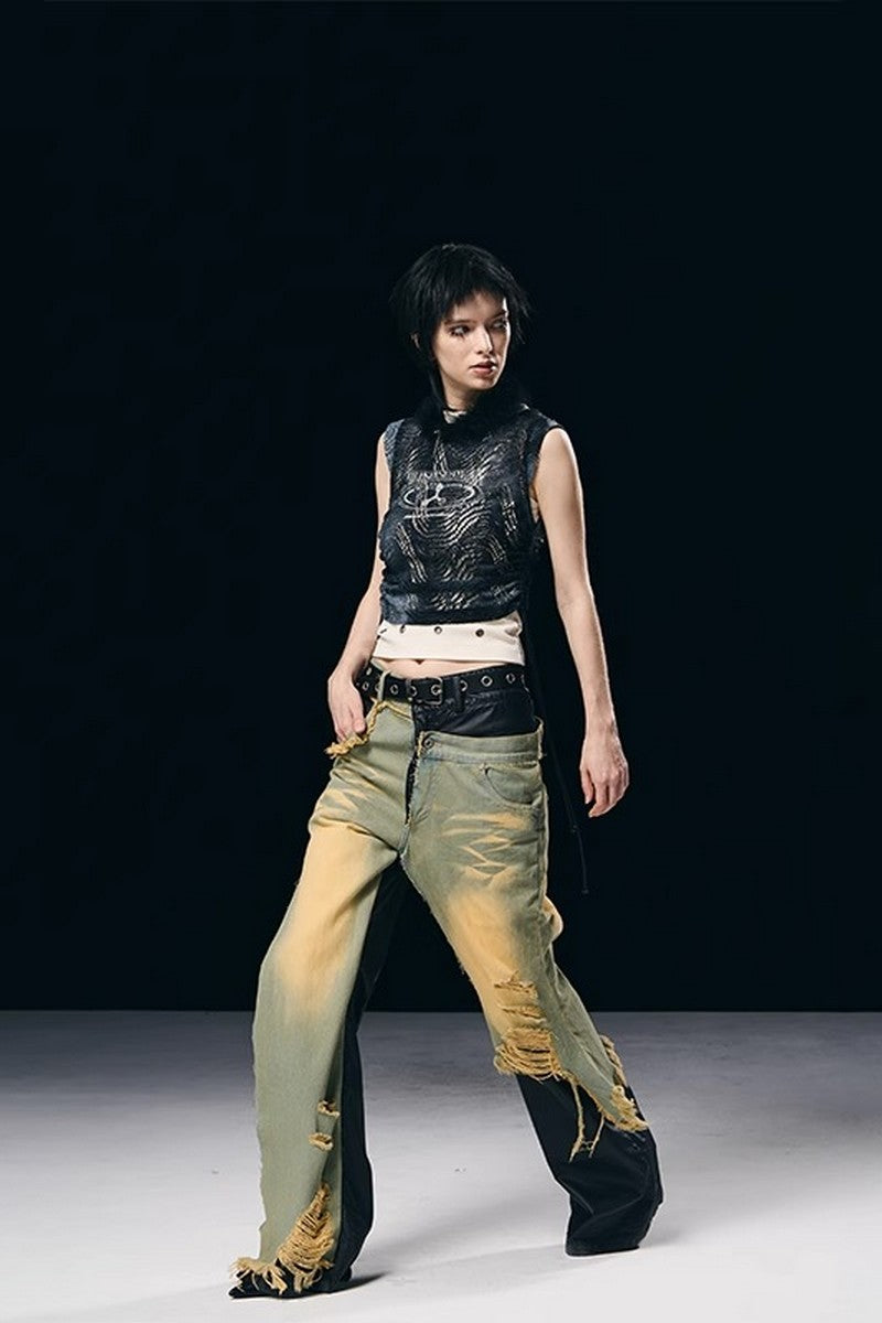 Layered Distressed Leather Jeans