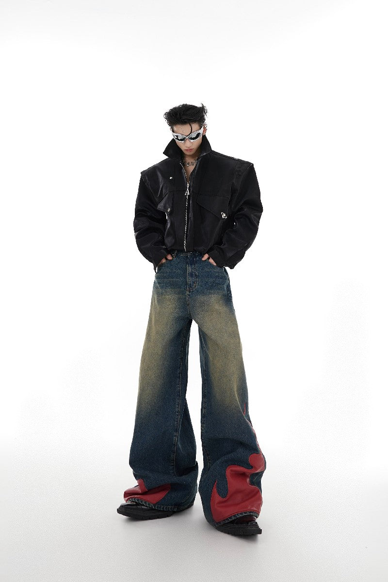 PU Leather Flame Loose Jeans