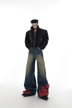 PU Leather Flame Loose Jeans