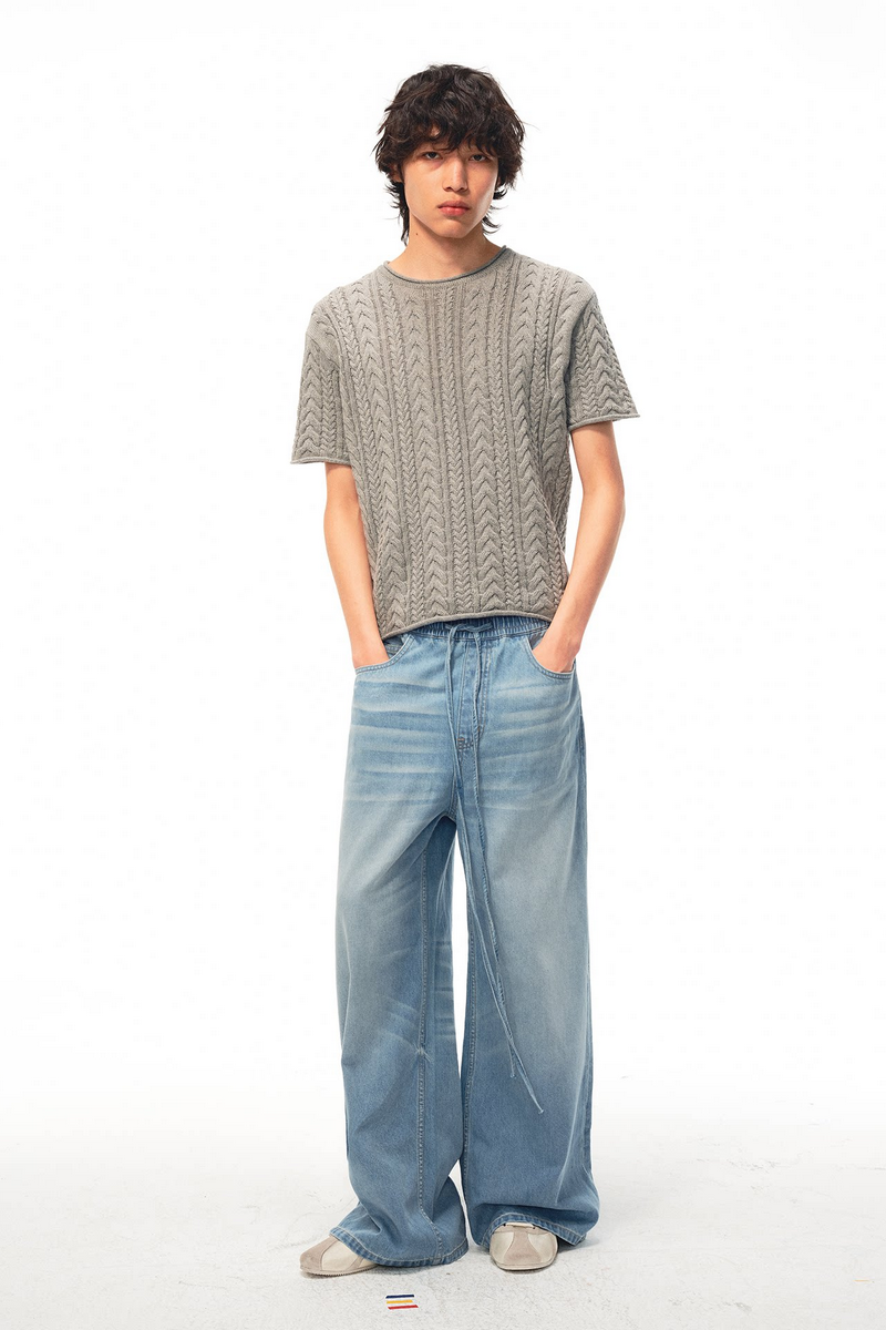 Lightweight Drawstring Wide Jeans