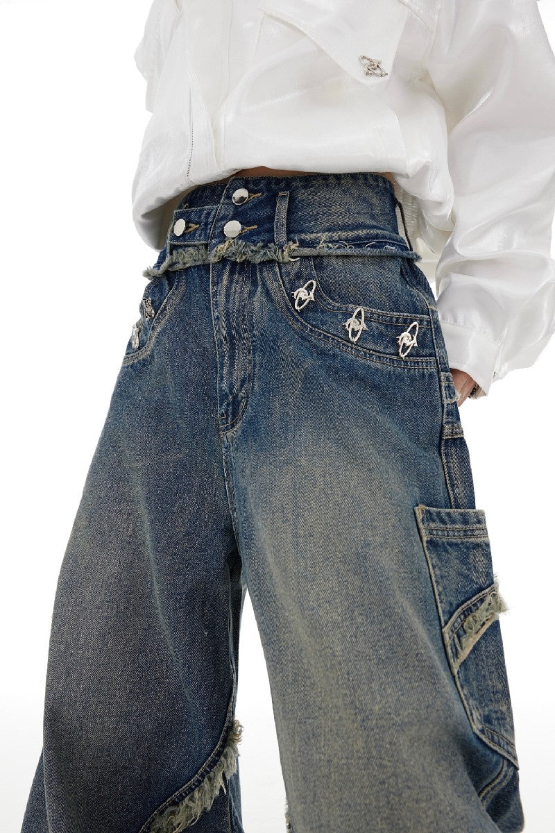 Washed Distressed Flared Jeans