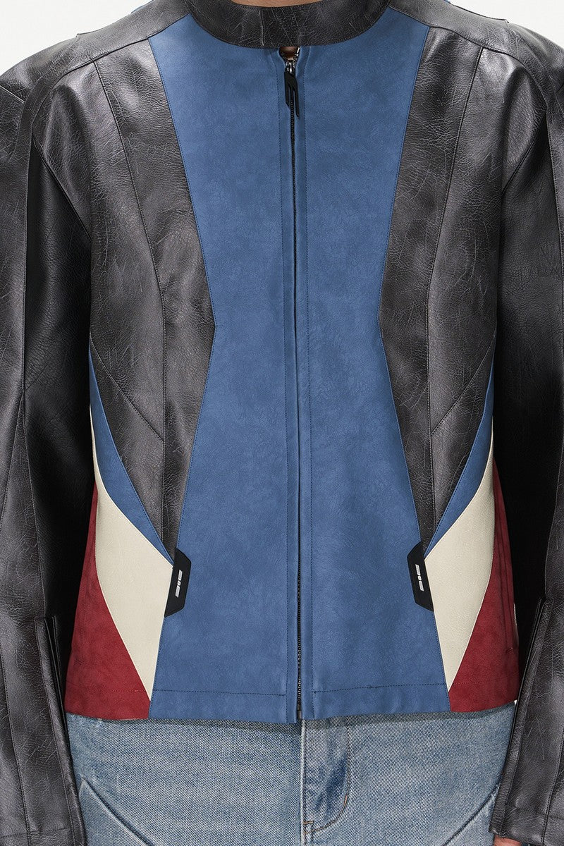 Cropped Color Block Moto Jacket