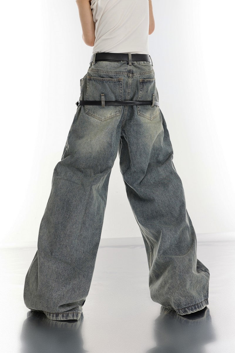 Retro Washed Double Belt Jeans