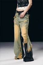Layered Distressed Leather Jeans