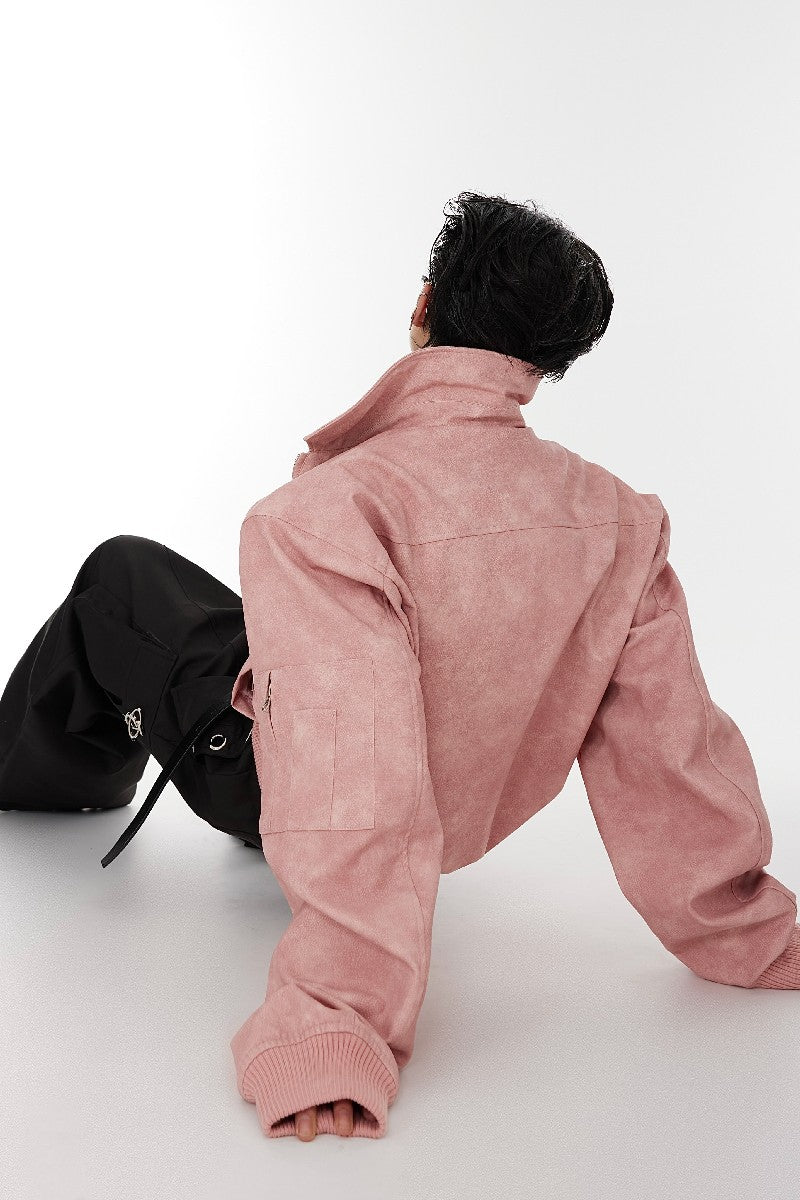Shoulder Pads Washed PU Leather Jacket