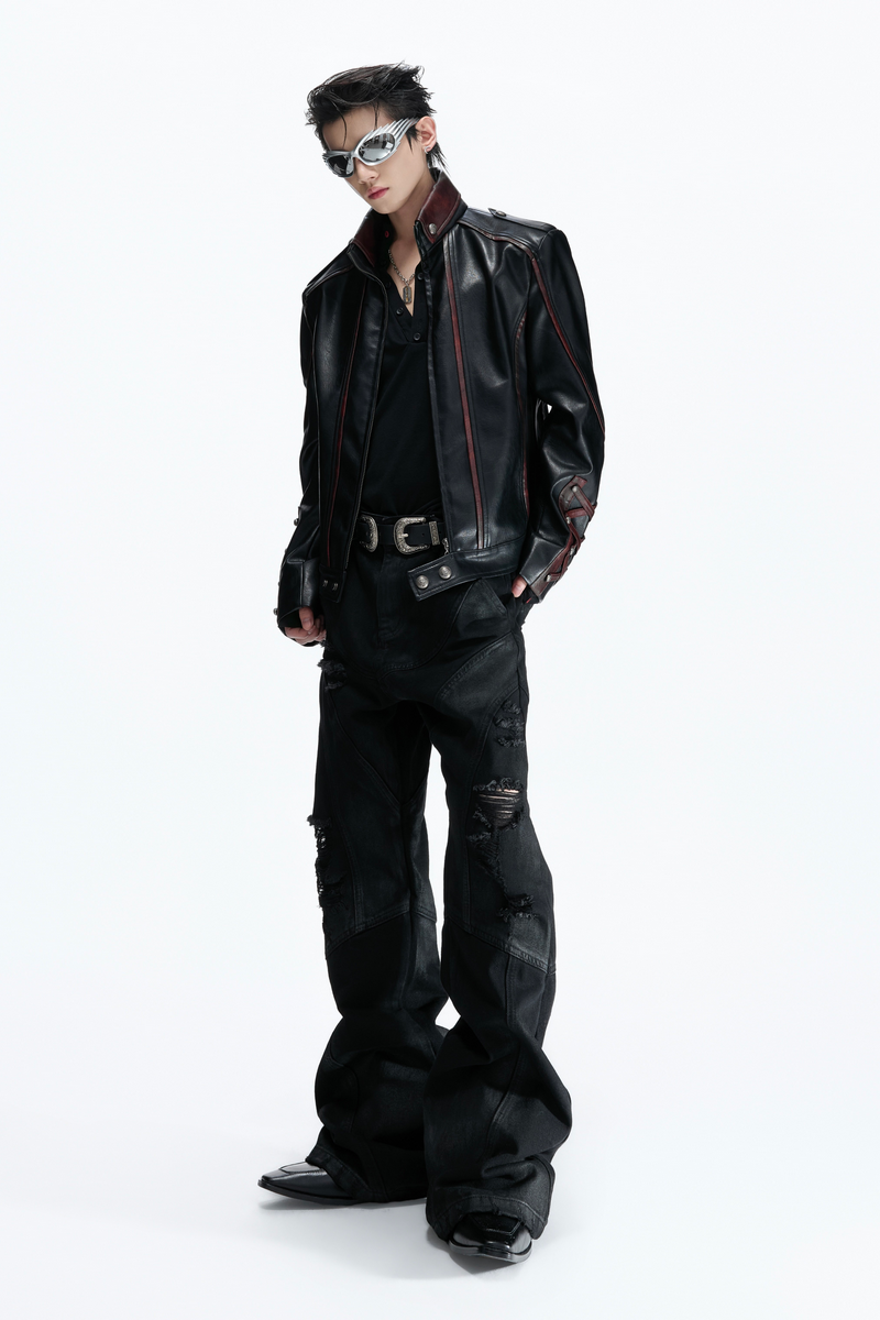 Waxed Distressed Flare Jeans