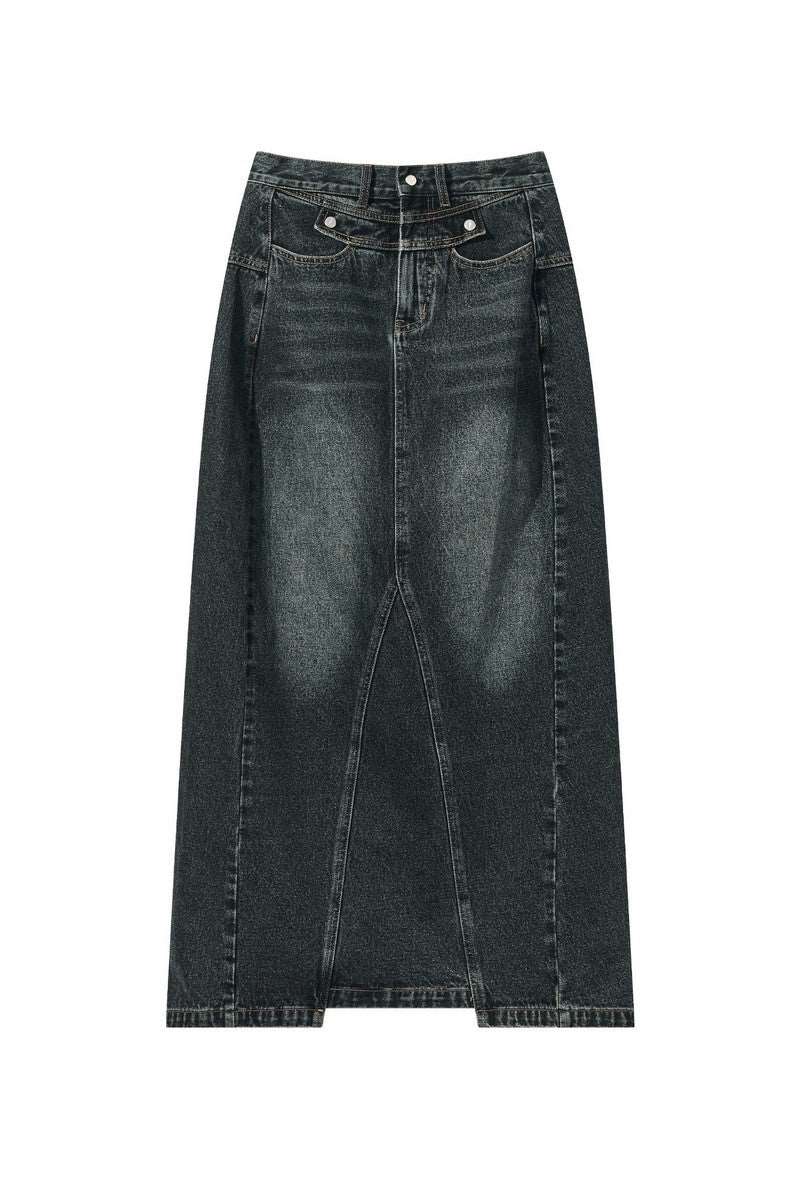 BNP Washed Loose Denim Long Skirt