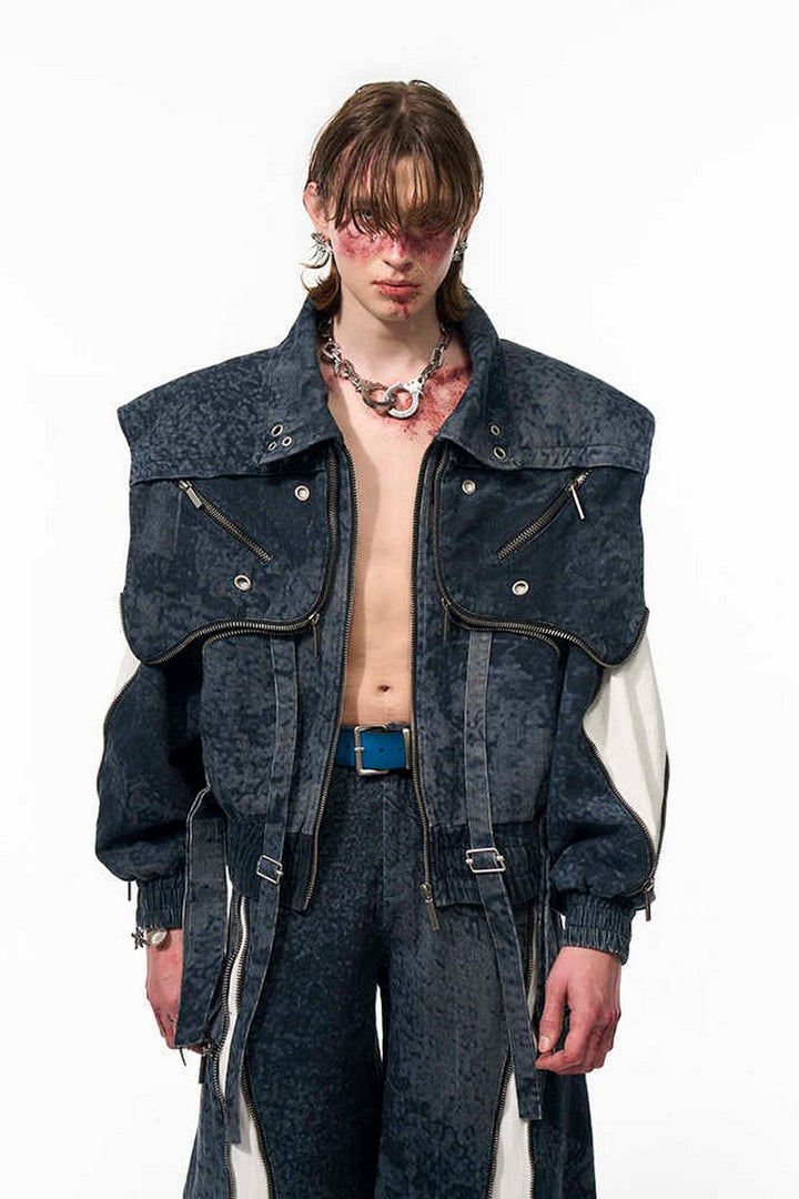 Zipper Patchwork Double Layer Denim Jacket