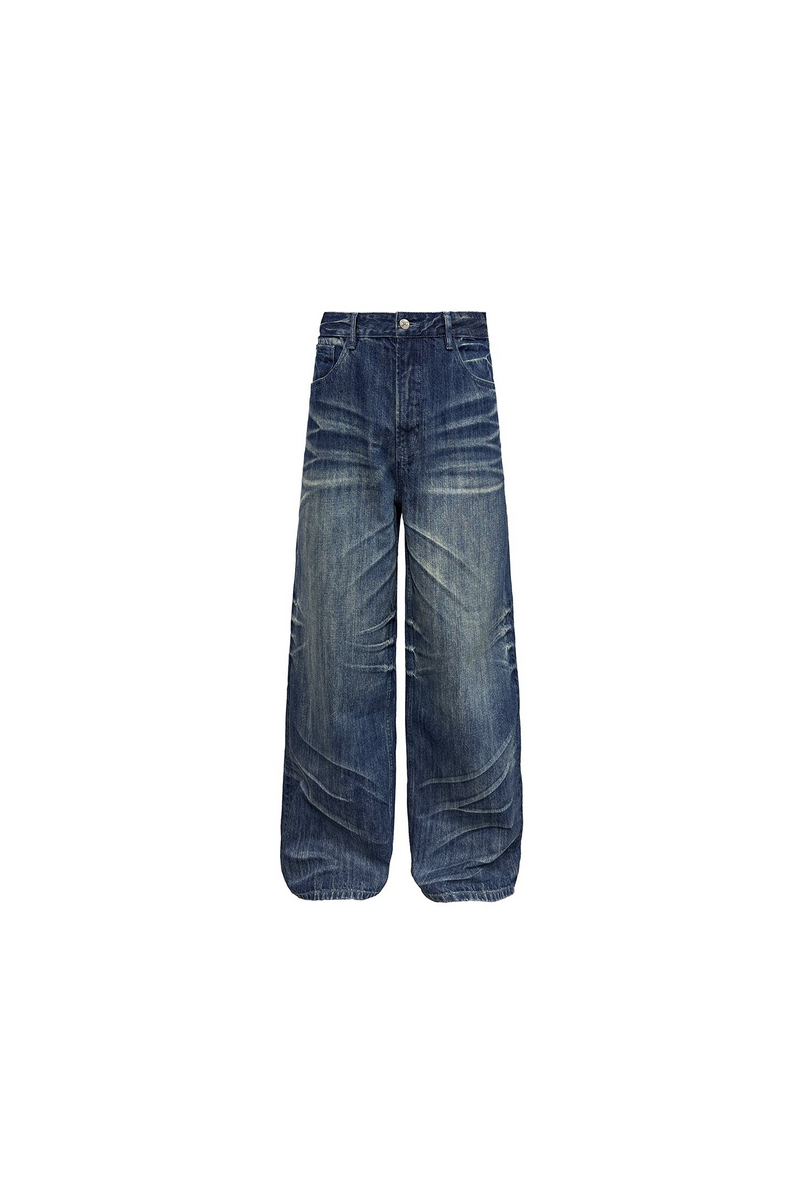Whiskered Pleated Slub Jeans