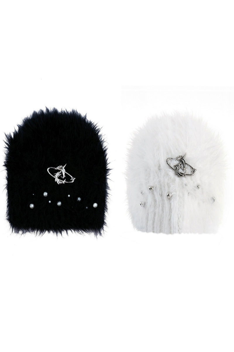 Pearl-Embellished Fuzzy Knit Beanie