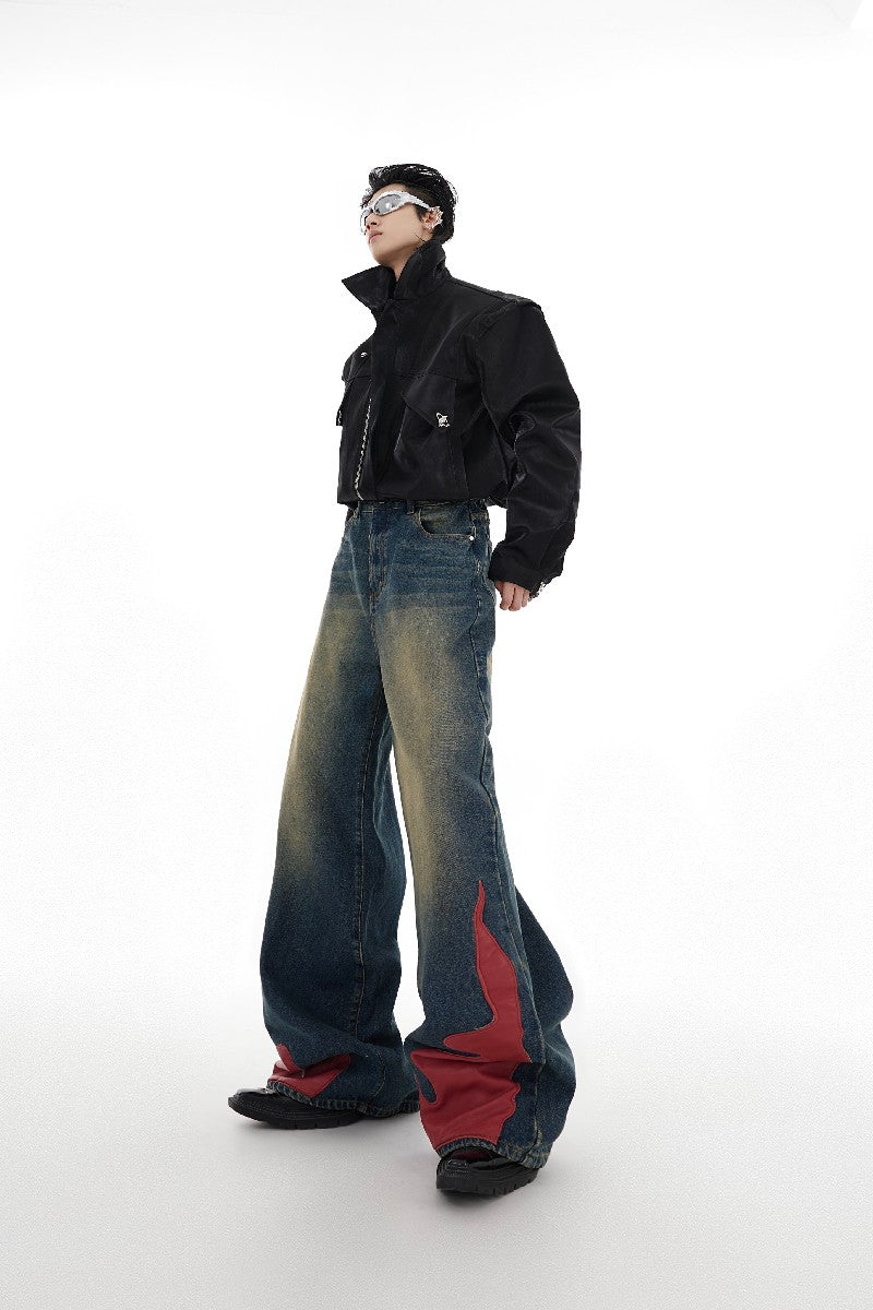 PU Leather Flame Loose Jeans