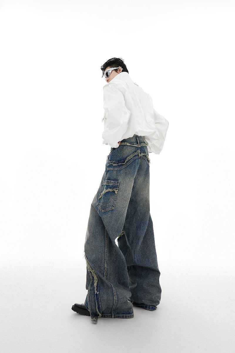 Washed Distressed Flared Jeans