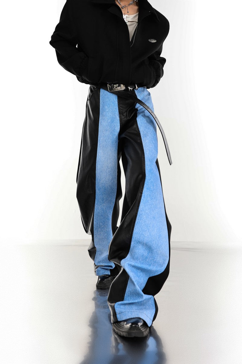 Color Contrast Flared Leather Jeans