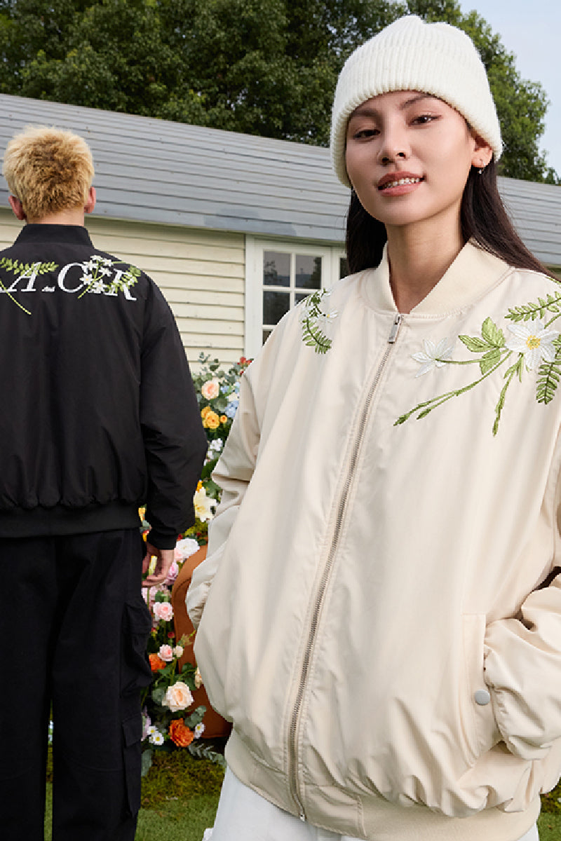 Floral Text Embroidered Bomber Jacket