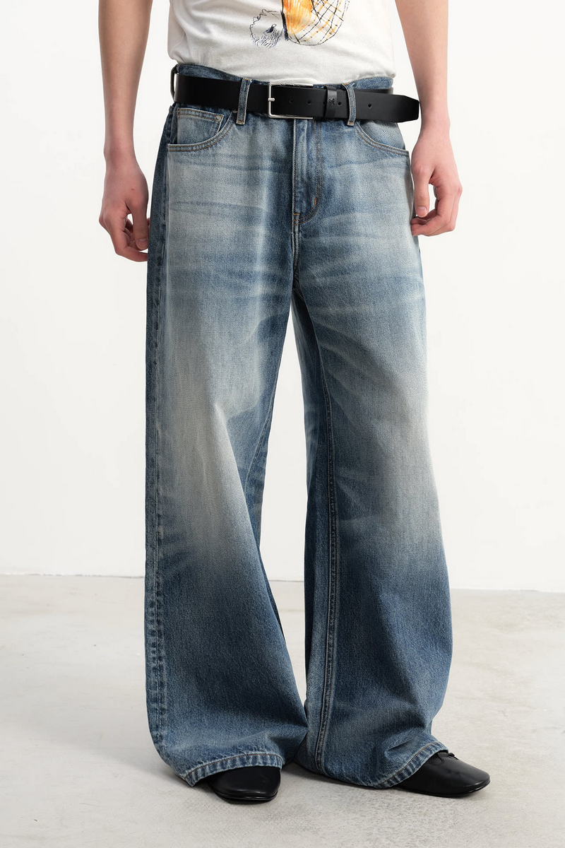 Whiskered Wide Leg Jeans